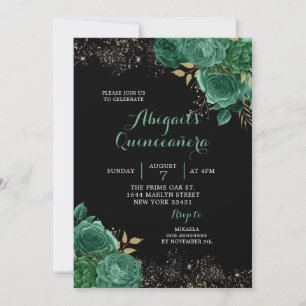 Gold Green Emerald Floral Quinceañera Invitation