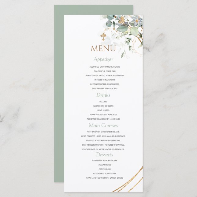 Gold Green Eucalyptus Boy Baptism Menu (Devant / Derrière)