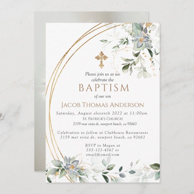 Gold Greenery Eucalyptus Boy Baptism Invitation (Devant / Derrière)
