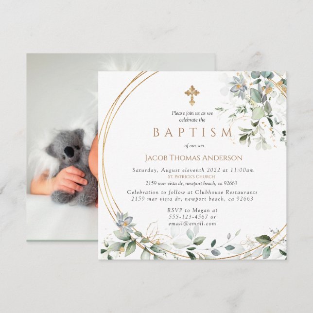 Gold Greenery Eucalyptus Boy Baptism Invitation (Devant / Derrière)
