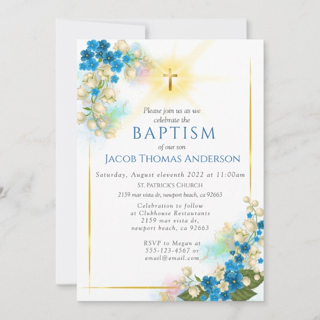 Gold Greenery Eucalyptus Boy Baptism Invitation (Devant)