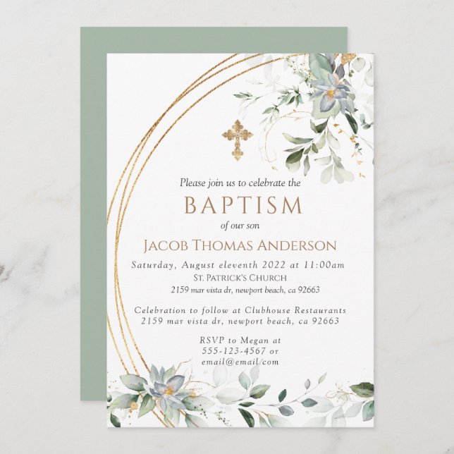 Gold Greenery Eucalyptus Boy Baptism Invitation (Devant / Derrière)