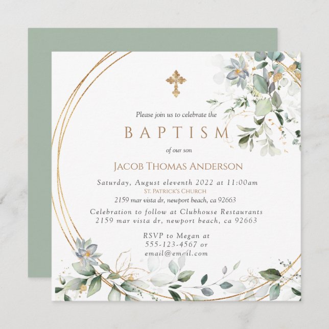  Gold Greenery Eucalyptus Boy Baptism Invitation (Devant / Derrière)