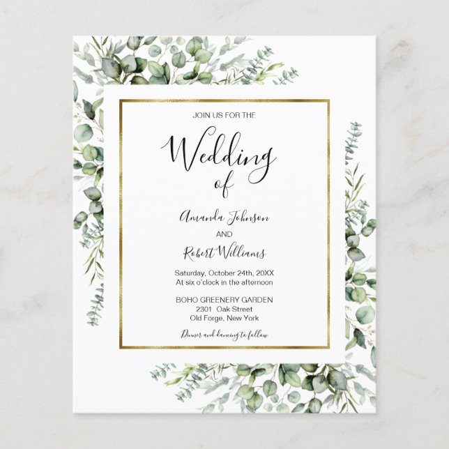 Gold Greenery Invitations de mariage budget (Devant)