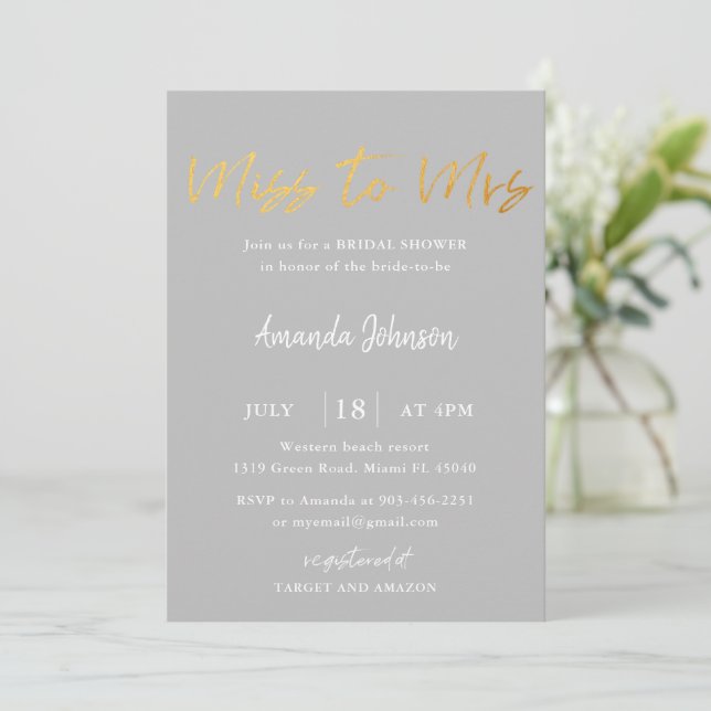 Gold & Grey Miss À Mme Bridal Shower Invitation (Debout devant)