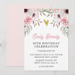 Gold Heart Floral 60e anniversaire Invitation de f