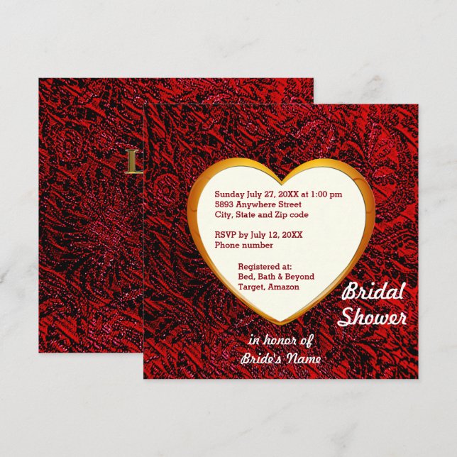 Gold Heart & Red Fabric Bridal Shower Invitation (Devant / Derrière)