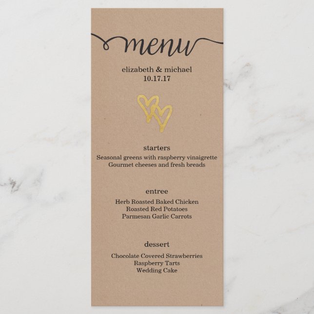 Gold Hearts Menu Mariage Kraft (Devant)