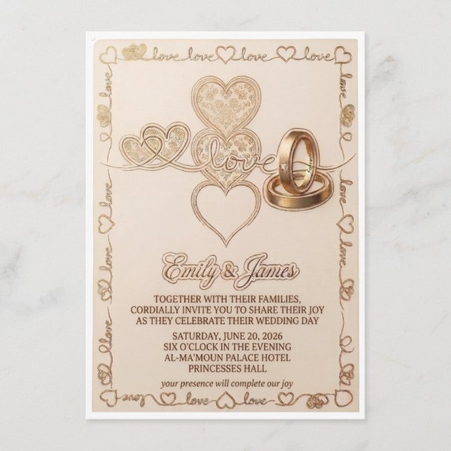 Gold Hearts & Wedding Rings Elegant Invitation (Devant)