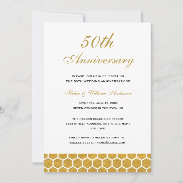Gold Honeycomb 50e Mariage Invitation de l'anniver (Devant)