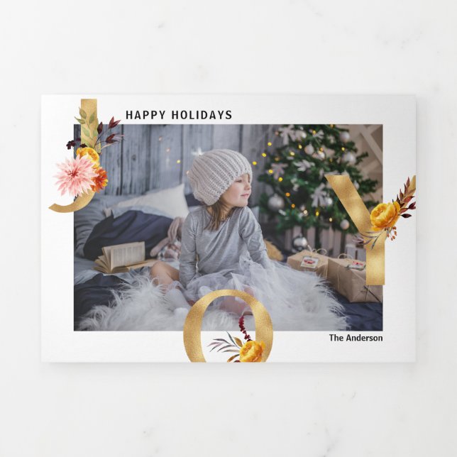 Gold JOY multi photo Holiday Tri-Fold Holiday Card (Page de couverture)