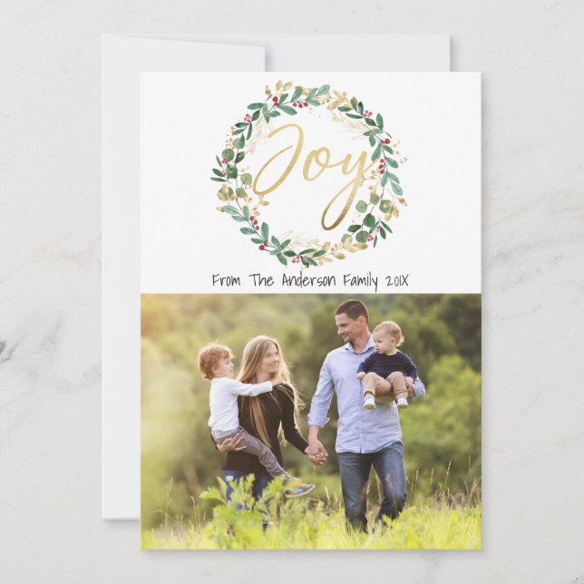 Gold Joy Wreath Noël Carte photo de famille (Devant)