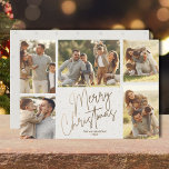 Gold Joyeux Noël Cinq photos Carte de vacances<br><div class="desc">Les cartes de fin de année de Noël multiphoto arborent vos noms et les mots Joyeux Noël en lettres d'or chic sur un arrière - plan blanc cassé. Il vous suffit de télécharger vos photos de famille préférées et d'ajouter votre personnalisation de famille au dos. Sélectionnez Matte pour le papier...</div>
