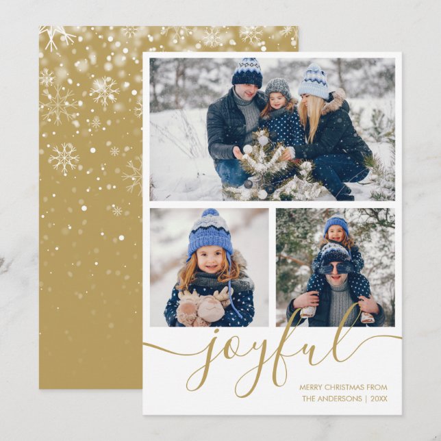 Gold Joyful 3 Photo Joyeuse Noël Carte de vacances (Devant / Derrière)