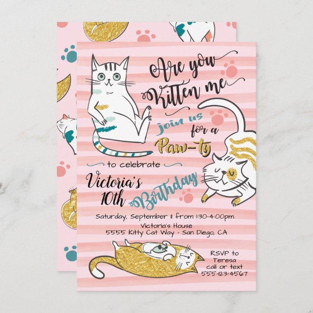 Gold Kitty Chat Anniversaire Fête Invitation (Devant / Derrière)