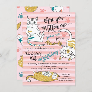 Gold Kitty Chat Anniversaire Fête Invitation