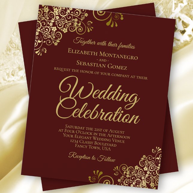 Gold Lace Auburn Brown BUDGET Mariage Invitation (Créateur téléchargé)