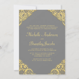 Gold Lace Corners Elégant Mariage Invitation Grey