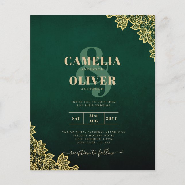 Gold Lace Emerald Green All-in-1 Wedding Invitatio (Devant)