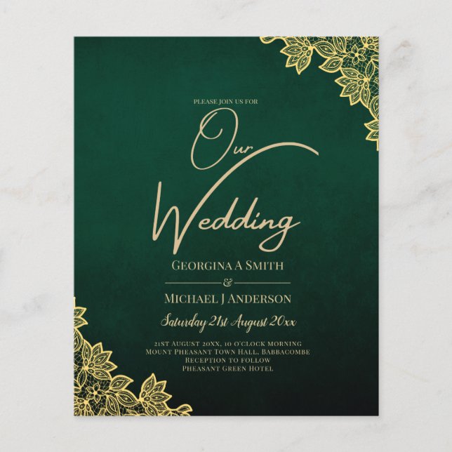 Gold Lace Emerald Green All-in-1 Wedding Invitatio (Devant)