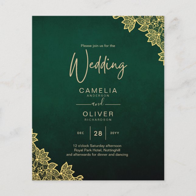 Gold Lace Emerald Green All-in-1 Wedding Invitatio (Devant)