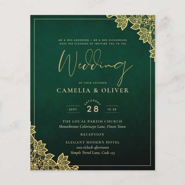 Gold Lace Emerald Green All-in-1 Wedding Invitatio (Devant)