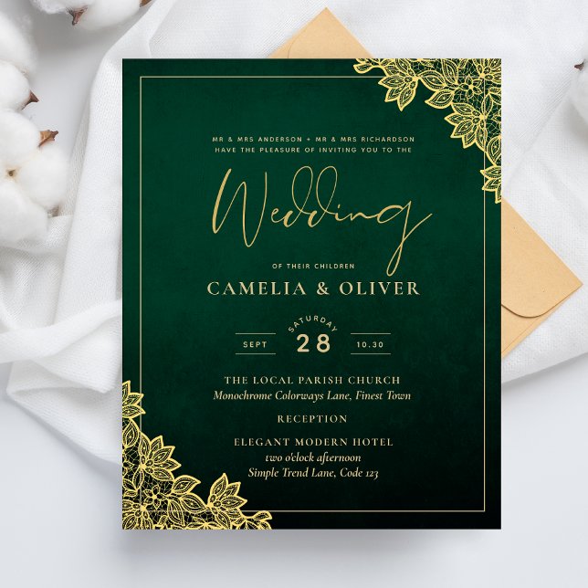 Gold Lace Emerald Green All-in-1 Wedding Invitatio (Créateur téléchargé)