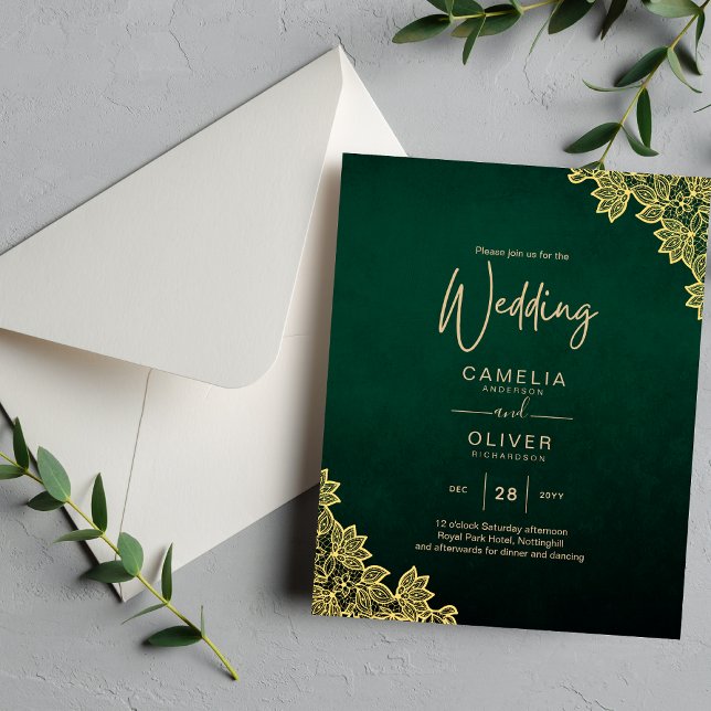 Gold Lace Emerald Green All-in-1 Wedding Invitatio (Créateur téléchargé)