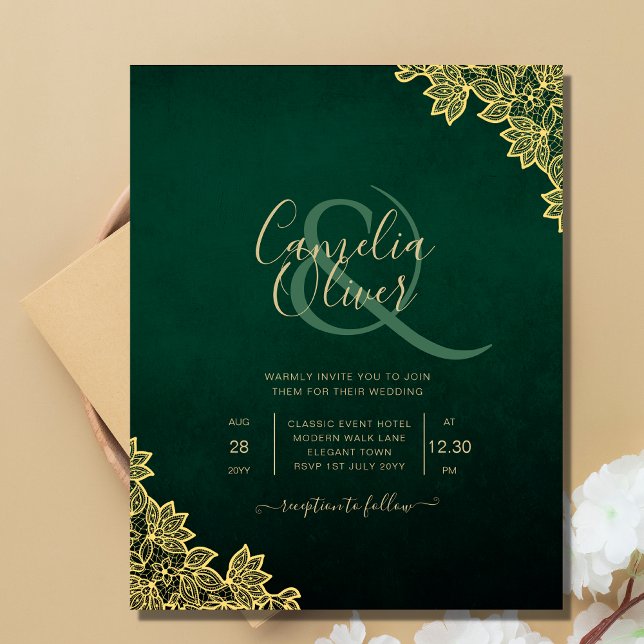 Gold Lace Emerald Green All-in-1 Wedding Invitatio (Créateur téléchargé)