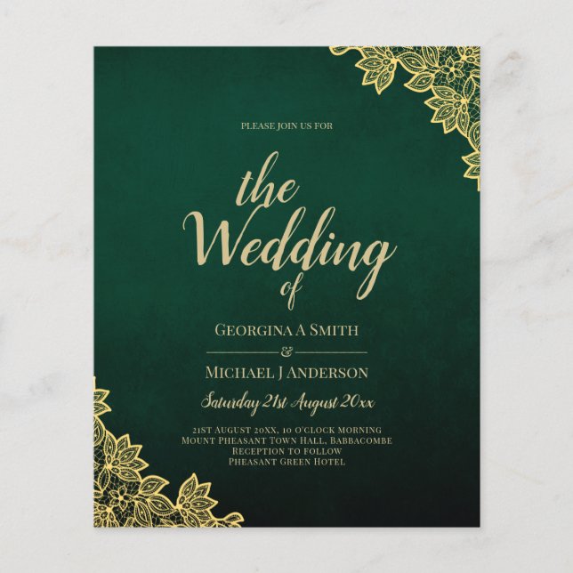 Gold Lace Emerald Green All-in-1 Wedding Invitatio (Devant)