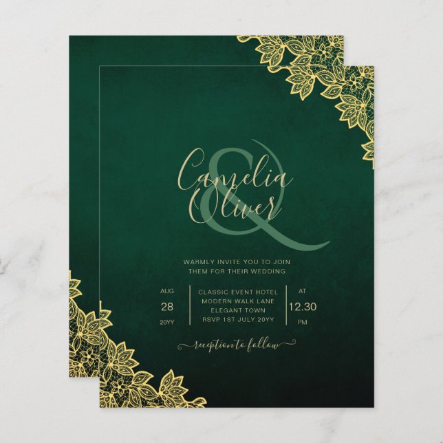 Gold Lace Emerald Green All-in-1 Wedding Invitatio (Devant / Derrière)
