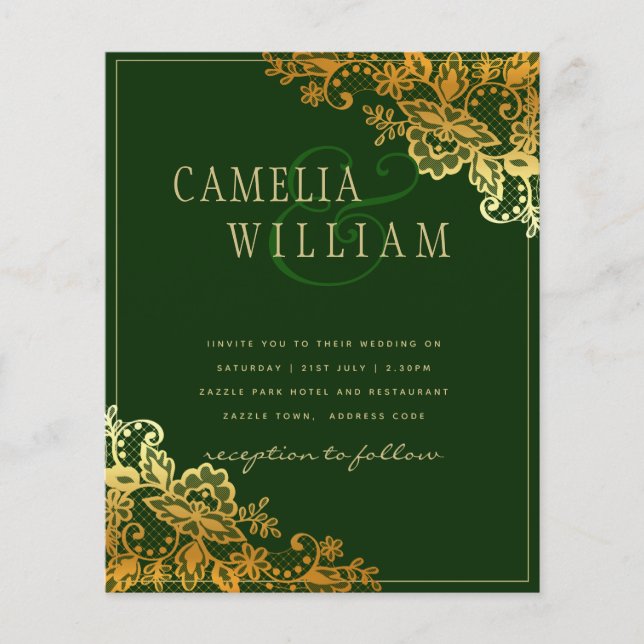 Gold Lace Emerald Green Wedding Invitations Budget (Devant)