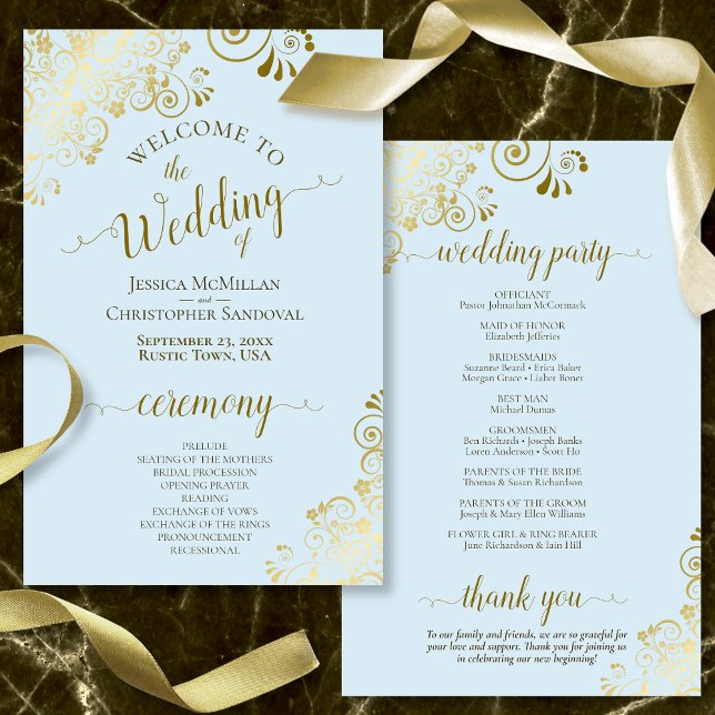 Gold Lace on Powder Blue Budget Wedding Program (In Situ Front and Back)