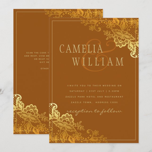 Gold Lace Terracotta Mariage Invitations Budget (Devant / Derrière)