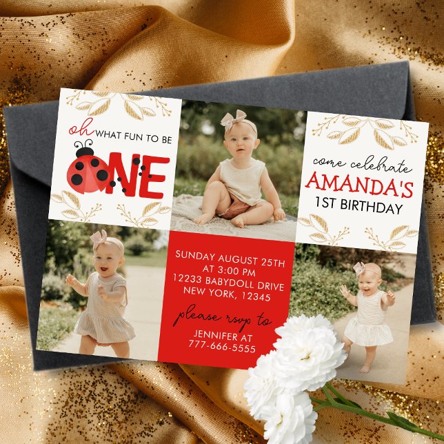Gold Ladybug 3 Photo Invitation d'anniversaire (Gold Glitter Oh What Fun to Be One Watercolor Ladybug 3 Photo Birthday Invitations)