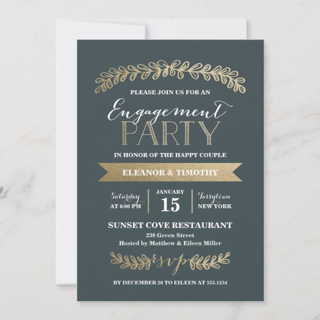 Gold Laurels Slate Engagement Party Invitation (Devant)