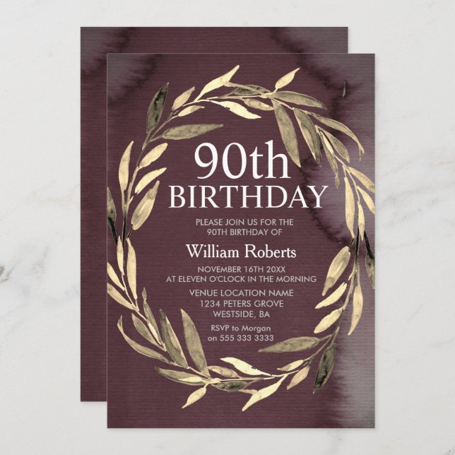 Gold Leaf Wreath Homme 90e anniversaire Invitation (Devant / Derrière)
