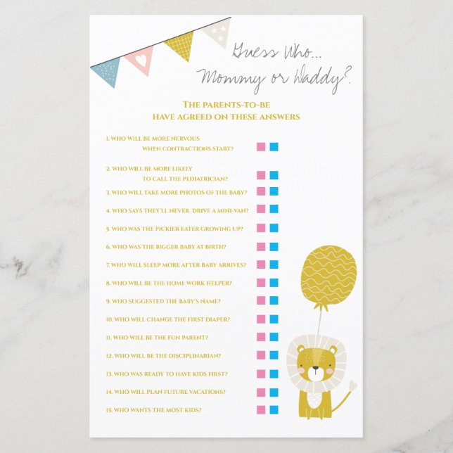 Gold Lion Devinez Qui Maman / Papa Baby shower Jeu (Devant)
