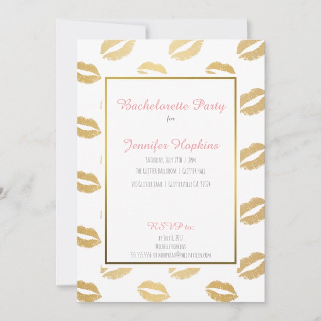 Gold Lips Bachelorette Party Invitations (Devant)