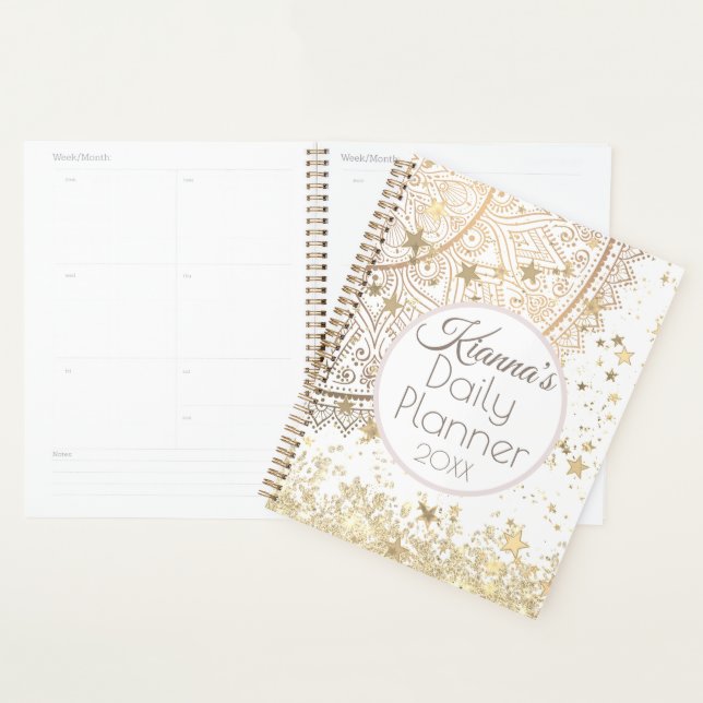 Gold Lotus Mandala avec Gold Stars Daily Planner (Devant avec enveloppe)