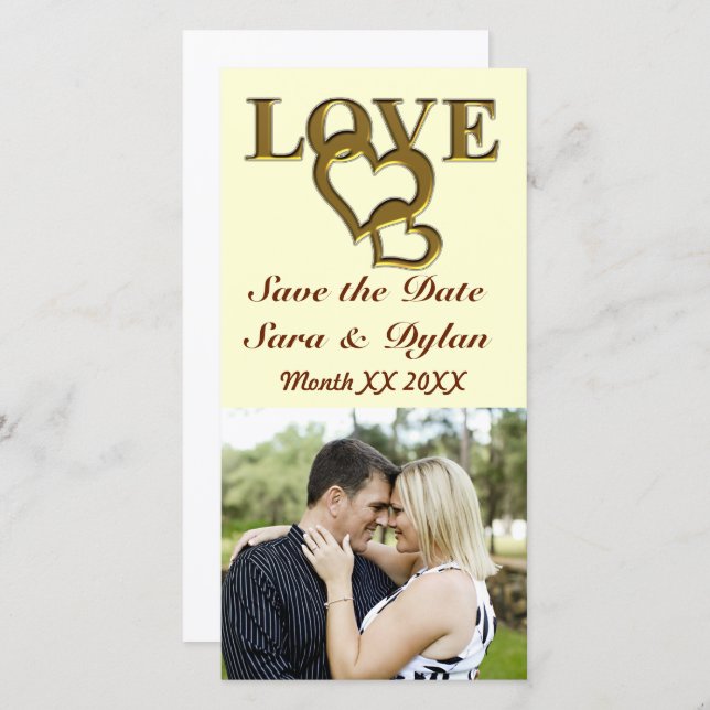 Gold Love and Hearts Save the Date Photocard (Devant / Derrière)