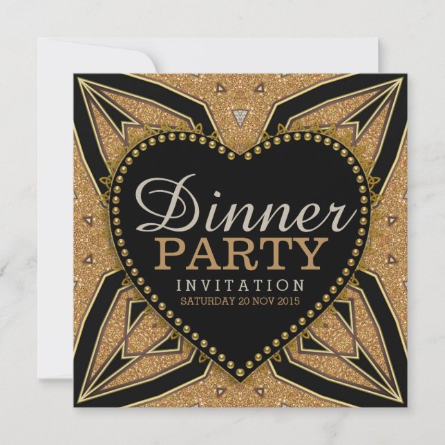 Gold Love Art Déco Diner fêtes Invitations (Devant)