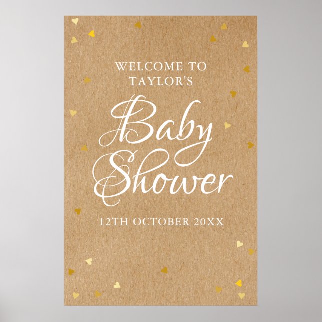 Gold Love Hearts Baby shower Affiche de bienvenue (Devant)