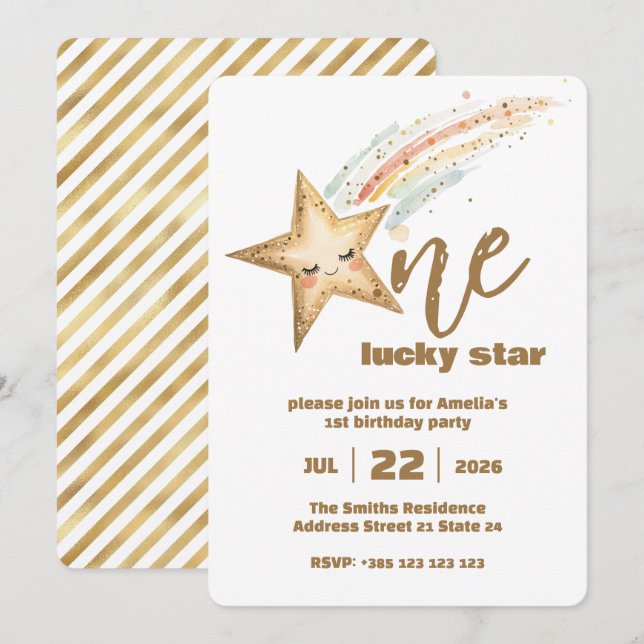 Gold Lucky Star 1er Anniversaire Fête Invitation (Devant / Derrière)