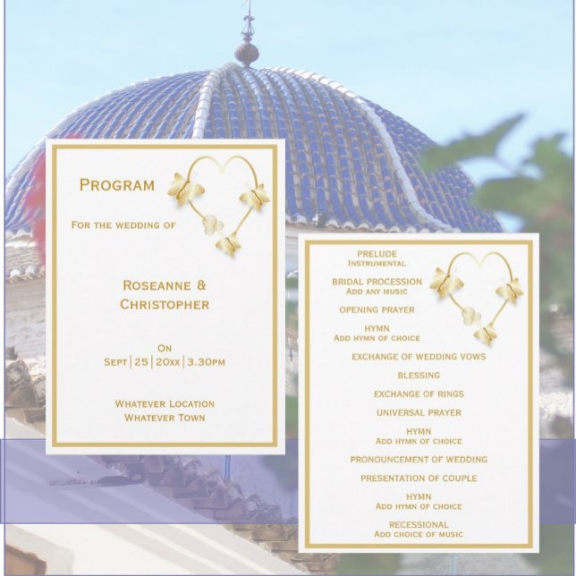Gold Mariage Church Programme Papillons Coeur (Gold wedding church program butterflies heart design)