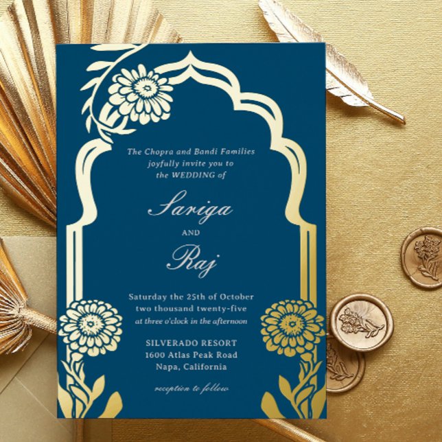 Gold Marigold Faire-part de mariage indien (indian wedding invitation, hindu wedding invitation, gold floral marigold flower mundap canopy arch)