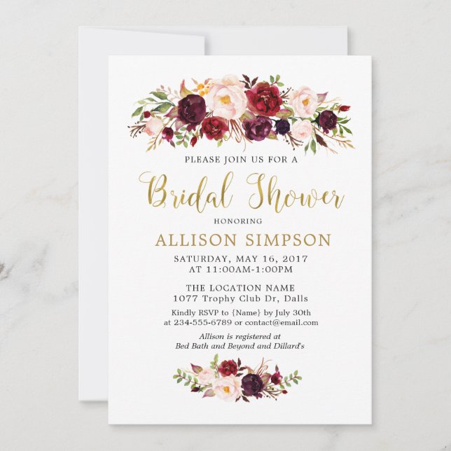Gold Marsala Fleurs nuptiale Invitations de douche (Devant)