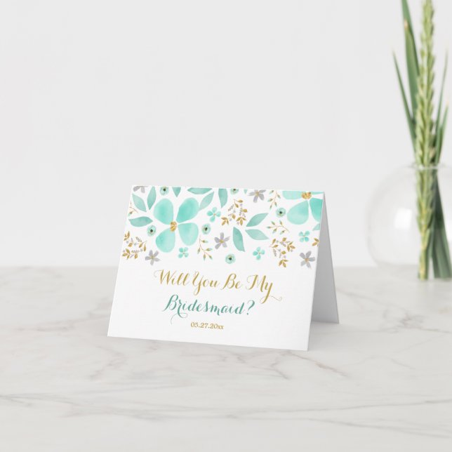 Gold Mint Flower Serez-Vous Ma Carte Bridesmaid (Devant)