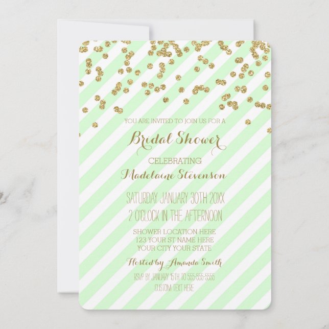 Gold Mint Green Stripes Invitations de douche nupt (Dos)