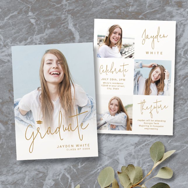 Gold Modern Script 4 Photo Graduation Faire-part (Gold Modern Script 4 Photo Graduation Announcement)